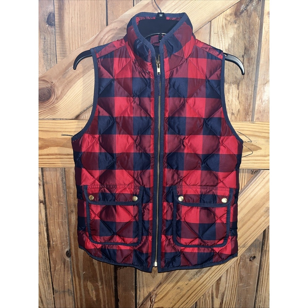 J Crew Excursion Down Puffer Quilted Vest Tartan Plaid Red Navy Blue Size XSmall